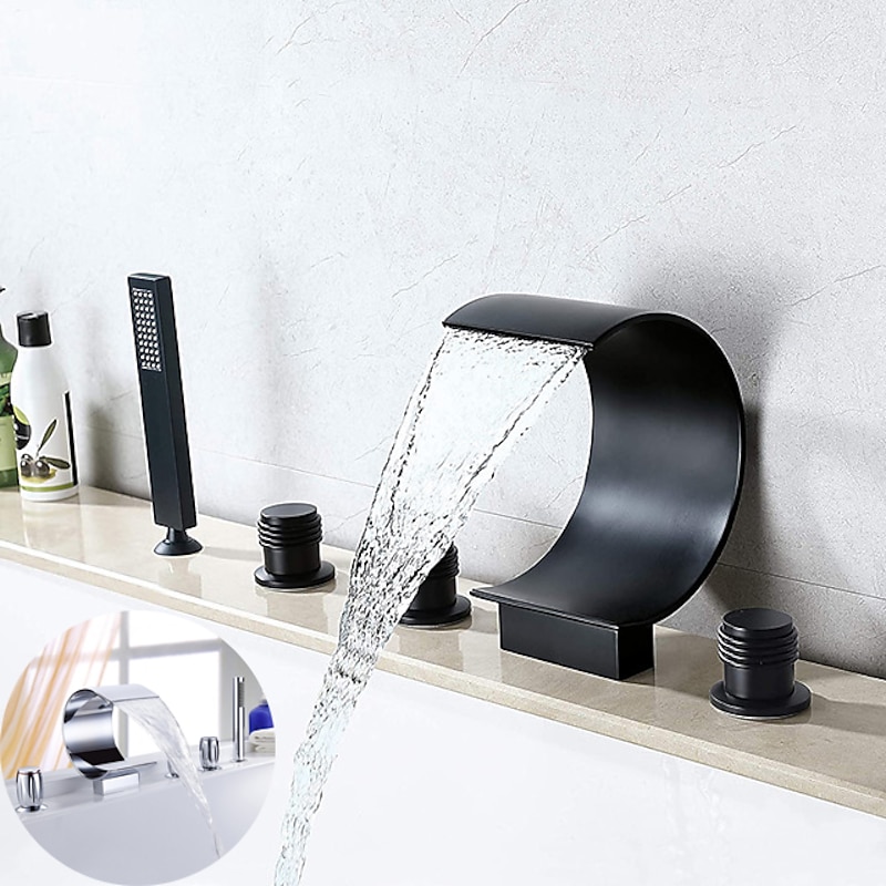 Bathtub Faucet,Modern Style Brass Contemporary Oil-rubbed Bronze Roman Tub Ceramic Valve Waterfall Bath Shower Mixer Taps with Hot and Cold Switch