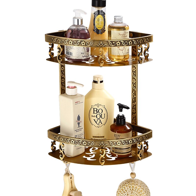 Bathroom Shelf Multilayer Carved Antique Aluminum Wall Mounted Bath Corner Basket with Hooks 1pc4