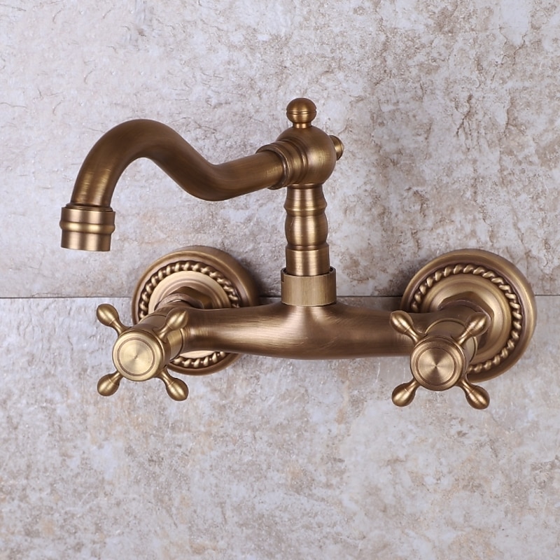Art Deco Antique Brass Sprinkle Sink Faucets,  Wall Mount Two Handles Two Holes Kitchen Faucet with Hot and Cold Water Switch3
