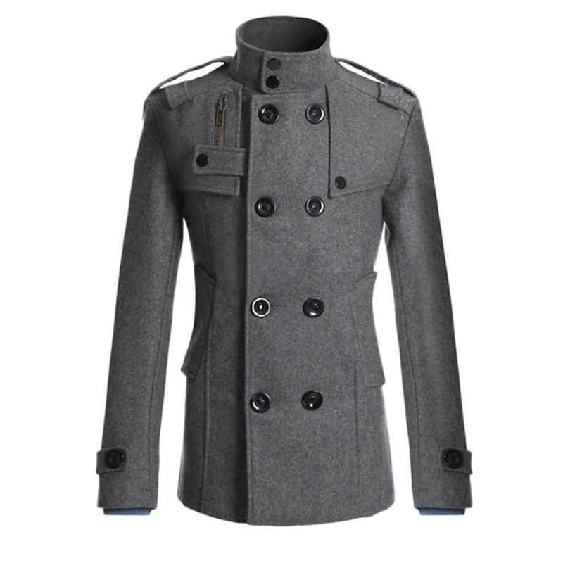Men's Winter Coat Peacoat Wool Overcoat Double Breasted Business Casual  Regular Slim Fit Warm Solid Colored Fall Long Sleeve Thick Classic Trench Coat Office Daily Work4