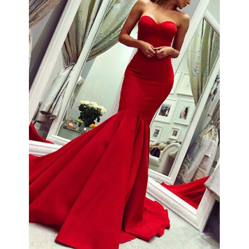 Mermaid Evening Gown Minimalist Dress Valentine's Day Wedding Guest Court Train Sleeveless Strapless Stretch Fabric with Pleats Masquerade Dress