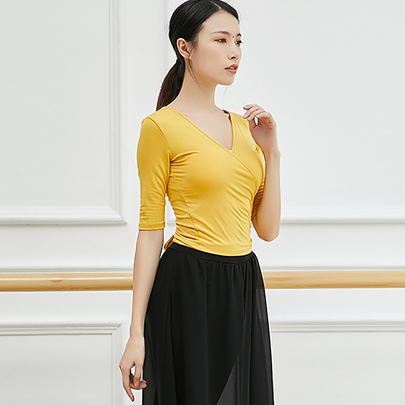 Breathable Ballet Top Ruching Bandage Solid Women's Training Performance Half Sleeve Modal3