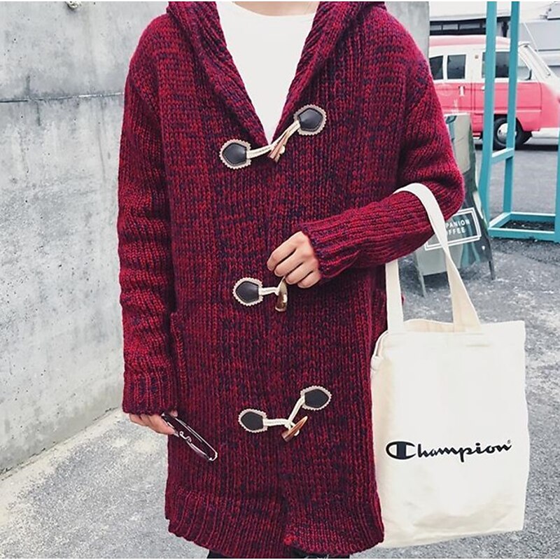 Men's Sweater Cardigan Knit Long Button Stripe Solid Color Hooded Stylish Daily Clothing Apparel Winter Fall Wine Khaki M L XL4