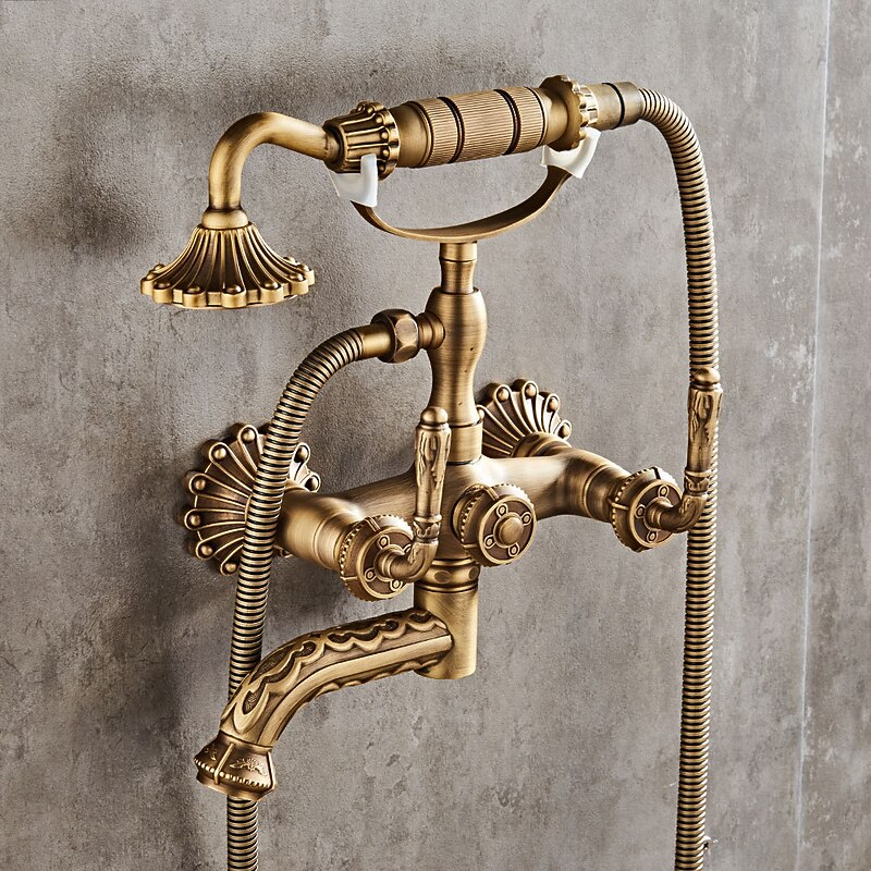 Shower Faucet Set - Handshower Included pullout Vintage Style / Country Antique Brass Mount Outside Ceramic Valve Bath Shower Mixer Taps4