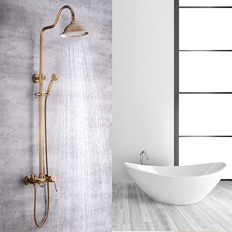 Shower Faucet,Shower System Set - Handshower Included pullout Waterfall Vintage Style / Country Antique Brass Mount Outside Ceramic Valve Bath Shower Mixer Taps3