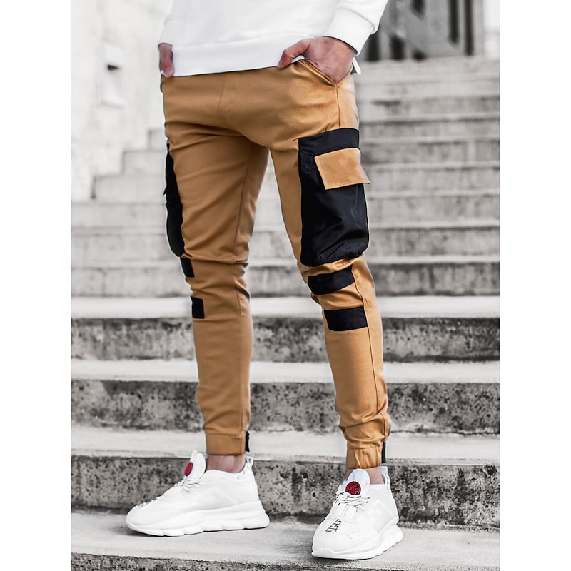 Men's Cargo Pants Cargo Trousers Trousers Patchwork Drawstring Elastic Waist Color Block Sports Outdoor Daily Wear Streetwear Sporty Slim Black Red