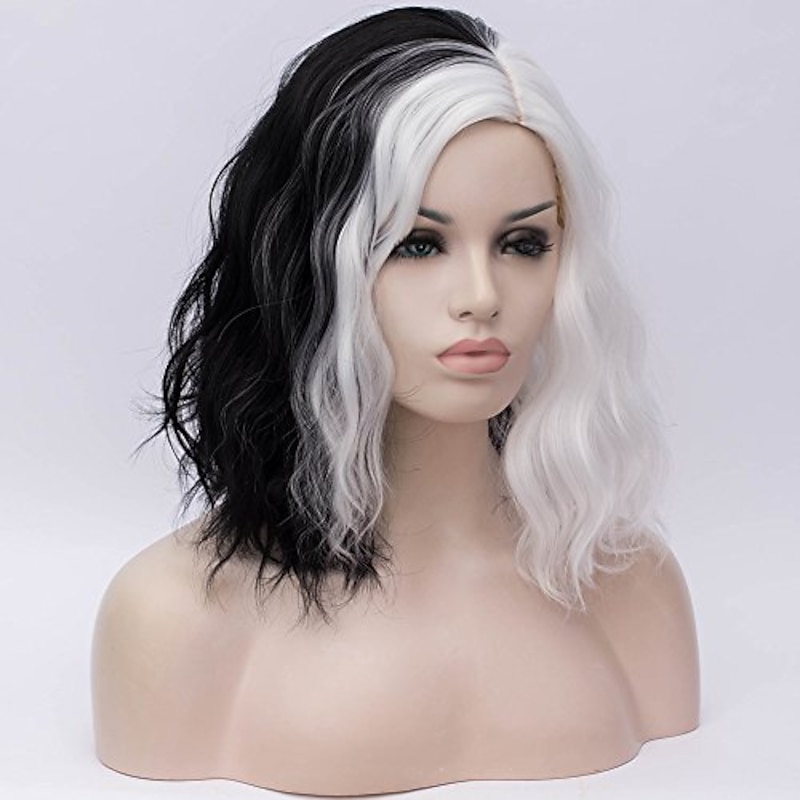 Half White and Half Black Wigs Cruella Deville Wig Split Color Synthetic Hair Wig Shoulder Length Wig Halloween Wigs3