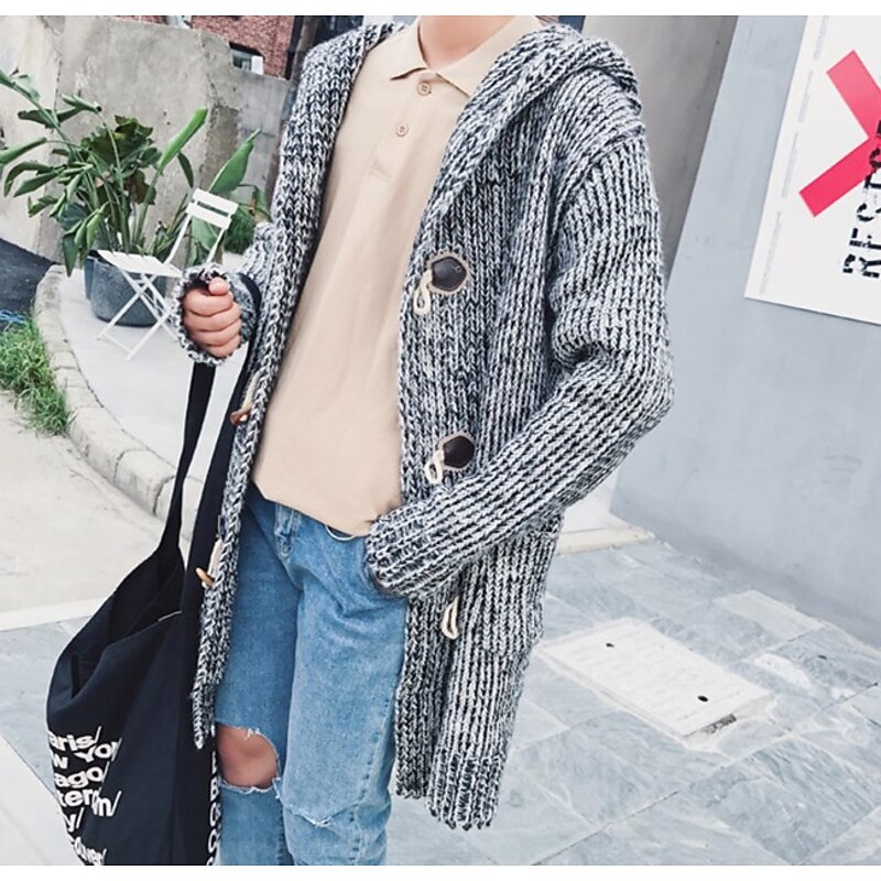 Men's Sweater Cardigan Knit Long Button Stripe Solid Color Hooded Stylish Daily Clothing Apparel Winter Fall Wine Khaki M L XL