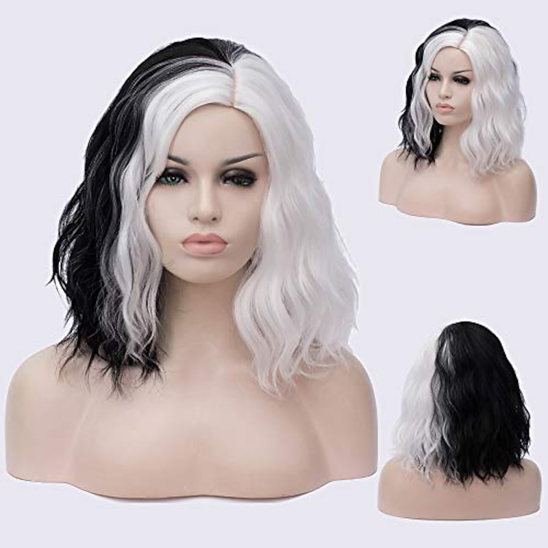 Half White and Half Black Wigs Cruella Deville Wig Split Color Synthetic Hair Wig Shoulder Length Wig Halloween Wigs4