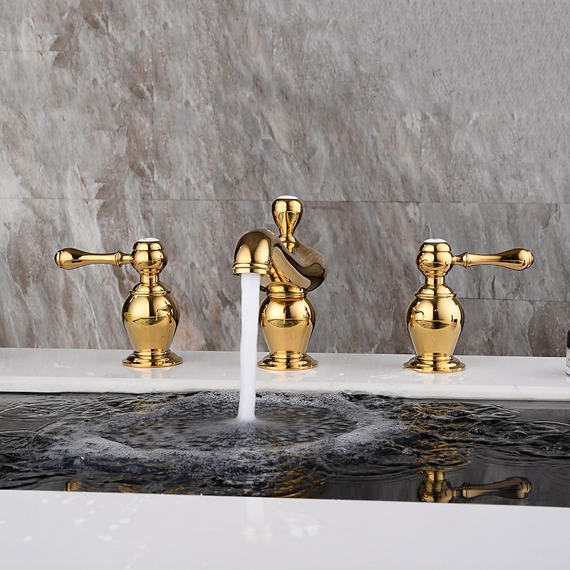Widespread Bathroom Sink Mixer Faucet, 3 Hole 2 Handle Gold Brass Basin Taps Washroom Vessel Water Tap, Hot and Cold Hose Deck Mounted4