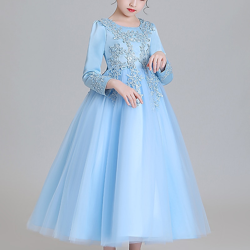 Flower Girl Dress Girls' Dress Princess Dress Party Dress Formal Wedding Party Elegant Cute Formal Children's Day Mesh Floral Long Sleeve Crew Neck Beige White3