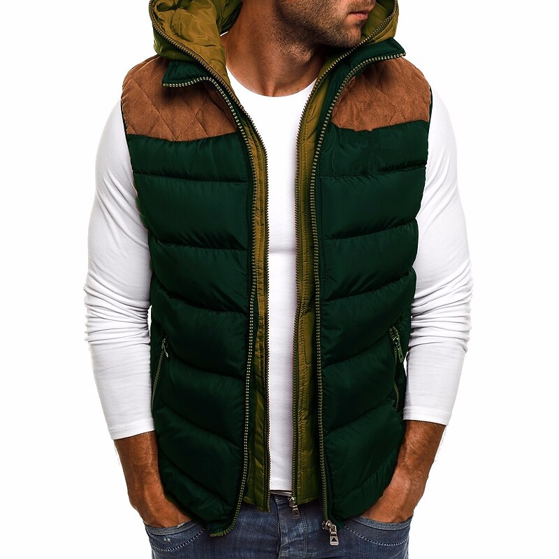 Men's Puffer Vest Gilet Street Sports Outdoor Hoodie Winter Autumn Padded Windproof Color Block Zipper Black Wine Army Green Navy Blue Vest