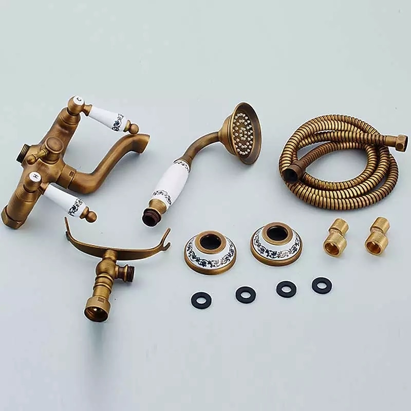 Shower Faucet Set - Rainfall Shower Vintage Style Antique Brass Mount Outside Ceramic Valve Bath Shower Mixer Taps4