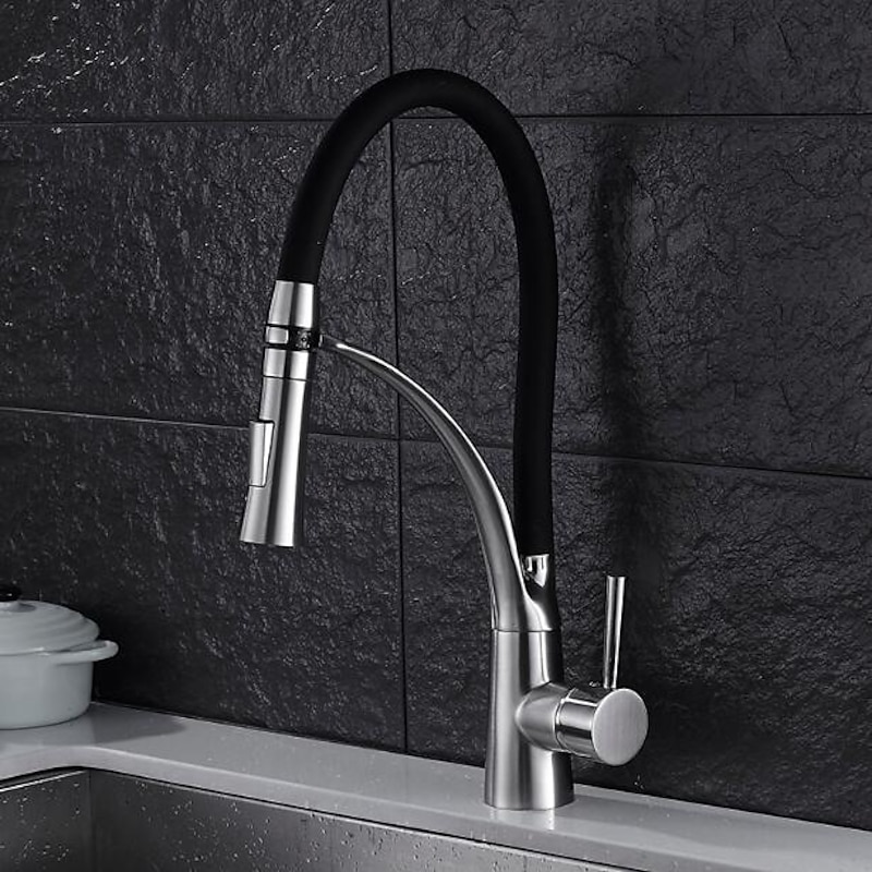 Kitchen Faucet Set, Brush Nickel Single Handle One Hole Pull Out Centerset, Brass Kitchen Faucet with Supply Lines4