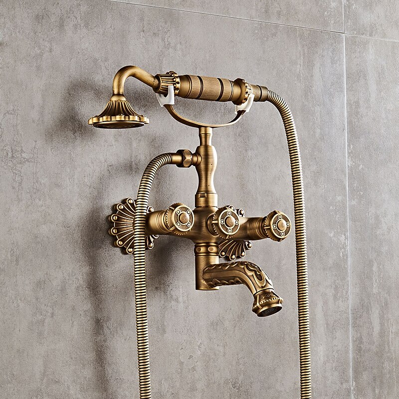 Vintage Shower System Faucet Set Wall Mounted, 360 Swivel Antique Brass Bathroom Shower Head Facuet Kit with Handheld Shower Head Sprayer Ceramic Valve Bath Mixer Tap4