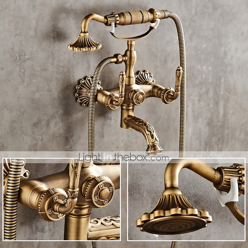 Shower Faucet Set - Handshower Included pullout Vintage Style / Country Antique Brass Mount Outside Ceramic Valve Bath Shower Mixer Taps