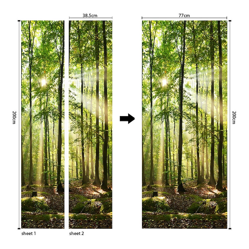2pcs Self-adhesive Creative Waterproof Green Wood Door Stickers For Living Room Diy Decoration Home Waterproof Wall Stickers 30.3“x78.7“(77x200cm)2