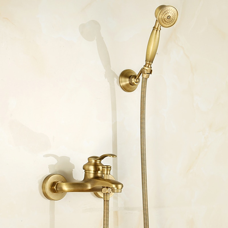 Shower Faucet Set,Mount Outside Antique Brass/Brass/Yellow Dual-Head Pullout Vintage Style, Brass Shower Faucet with Rain Shower/Handshower/Bodysprays/Drain with Hot and Cold Water2