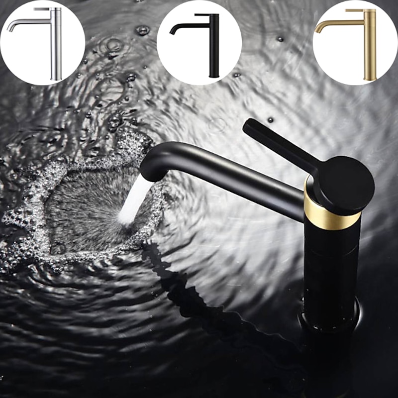 Bathroom Sink Mixer Faucet Tall, 360 Swivel Single Rotatable Handle Mono Basin Taps Deck Mounted, Washroom Monobloc Vessel Tap with Cold Hot Hose Chrome Golden Black