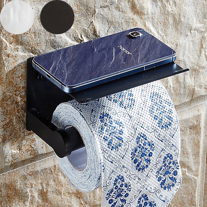 Aluminium Bathroom Paper Holder with Mobile Phone Storage Shelf Wall Mounted Roll Holder Black and Silvery 1pc