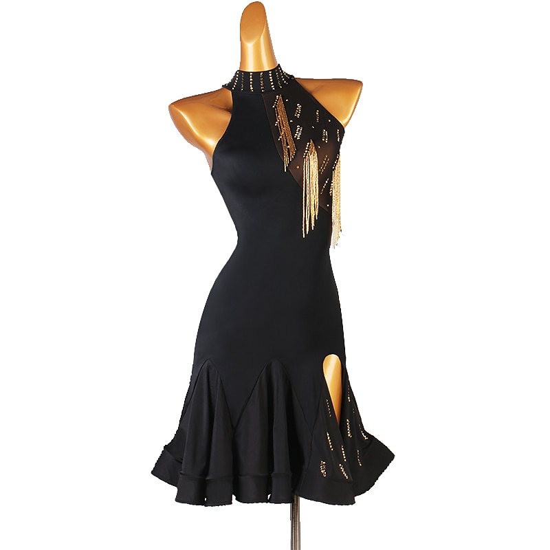 Latin Dance Dress Tassel Split Joint Crystals / Rhinestones Women's Performance Sleeveless Natural Chinlon Mesh Ice Silk