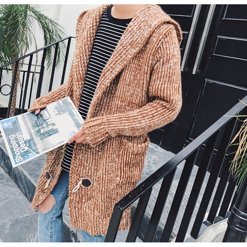 Men's Sweater Cardigan Knit Long Button Stripe Solid Color Hooded Stylish Daily Clothing Apparel Winter Fall Wine Khaki M L XL3