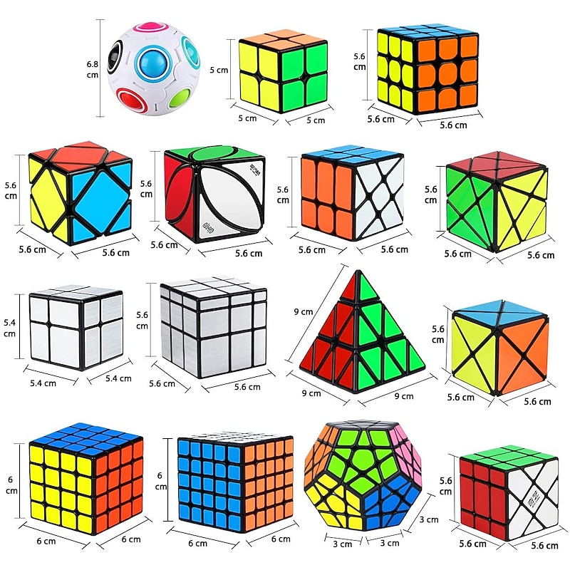Speed Cube Set, 15 Pack Cube Bundle 2x2 4x4 5x5 Megaminx Pyramid Skew Ivy Windmill Fisher Axis Dino Mirror Cube Magic Rainbow Ball Sticker Cube Puzzle Collection for Festive3