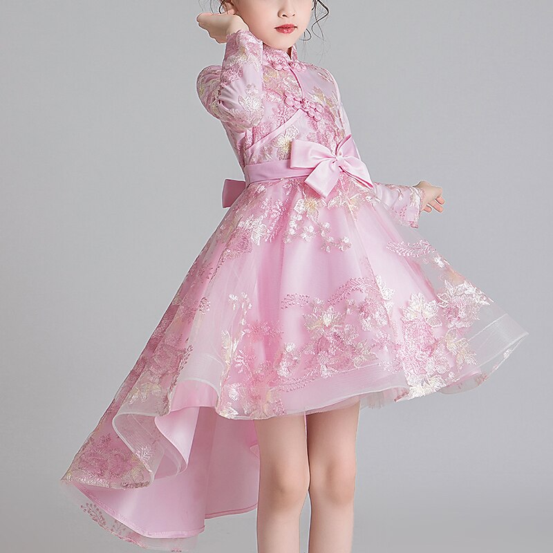 Kids Girls' Dress Floral Long Sleeve Performance Daily Holiday Bow Cute Sweet Polyester Above Knee Tulle Dress Pink Beige