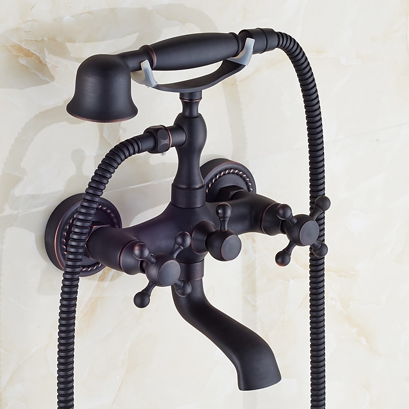 Shower Faucet Set Brass with Bathtub Spout Shower System, 2 Knob Handle Telephone Style Heldhand Showerhand 1.5m Hose Wall Mounted Tap3