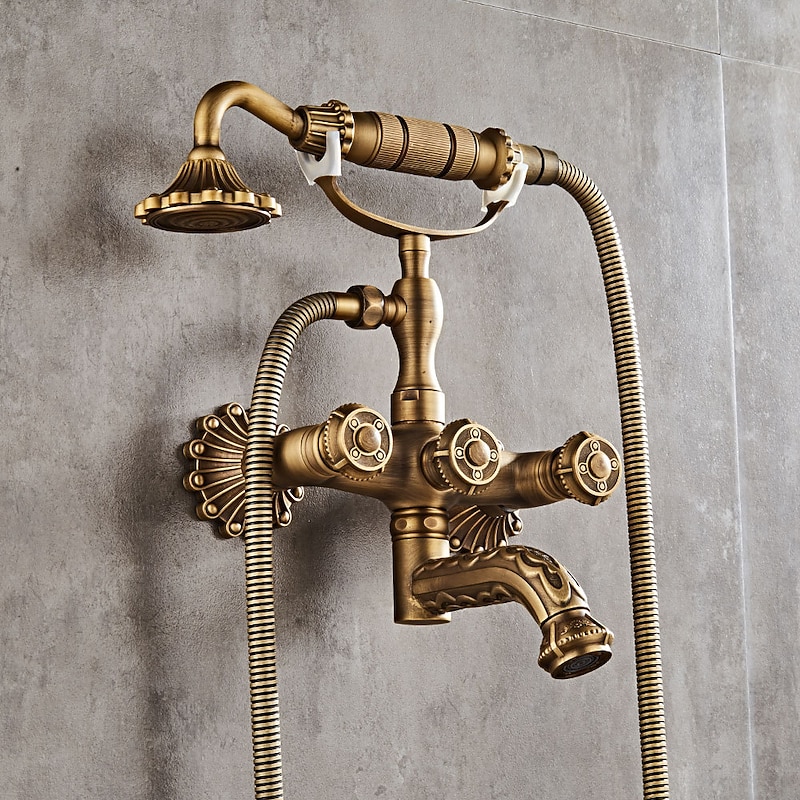Vintage Shower System Faucet Set Wall Mounted, 360 Swivel Antique Brass Bathroom Shower Head Facuet Kit with Handheld Shower Head Sprayer Ceramic Valve Bath Mixer Tap3