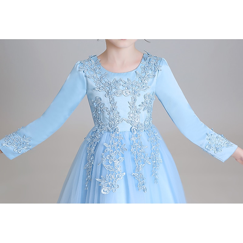 Flower Girl Dress Girls' Dress Princess Dress Party Dress Formal Wedding Party Elegant Cute Formal Children's Day Mesh Floral Long Sleeve Crew Neck Beige White4