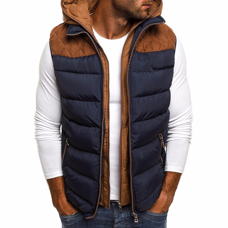 Men's Puffer Vest Gilet Street Sports Outdoor Hoodie Winter Autumn Padded Windproof Color Block Zipper Black Wine Army Green Navy Blue Vest2