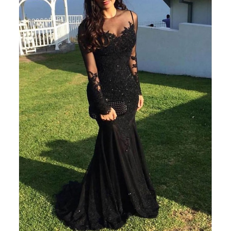 Mermaid Black Dress Evening Gown Sequin Prom Dress Sparkle Formal Gown Sweep / Brush Train Long Sleeve Illusion Neck Lace with Appliques dress to impress