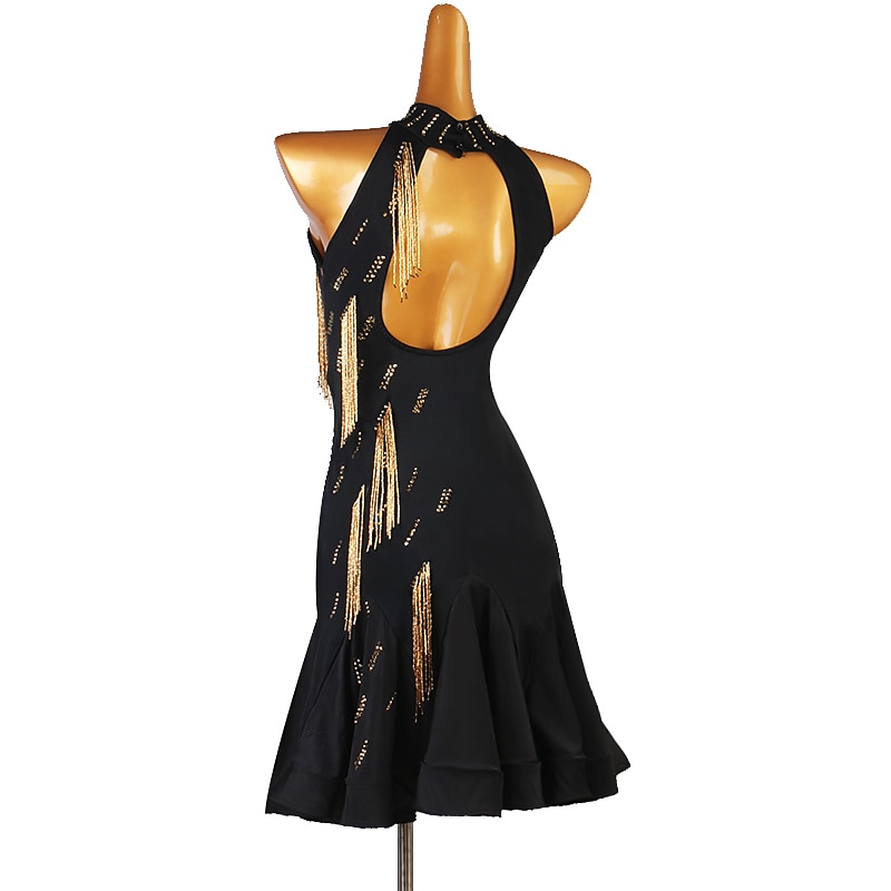 Latin Dance Dress Tassel Split Joint Crystals / Rhinestones Women's Performance Sleeveless Natural Chinlon Mesh Ice Silk2