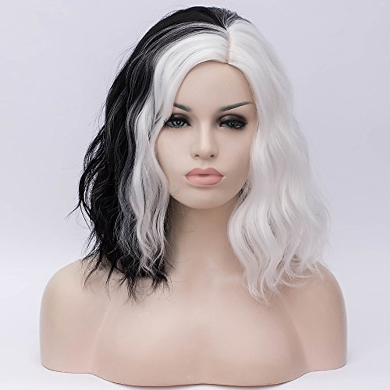 Half White and Half Black Wigs Cruella Deville Wig Split Color Synthetic Hair Wig Shoulder Length Wig Halloween Wigs2