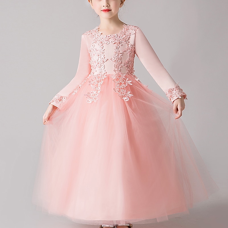 Flower Girl Dress Girls' Dress Princess Dress Party Dress Formal Wedding Party Elegant Cute Formal Children's Day Mesh Floral Long Sleeve Crew Neck Beige White