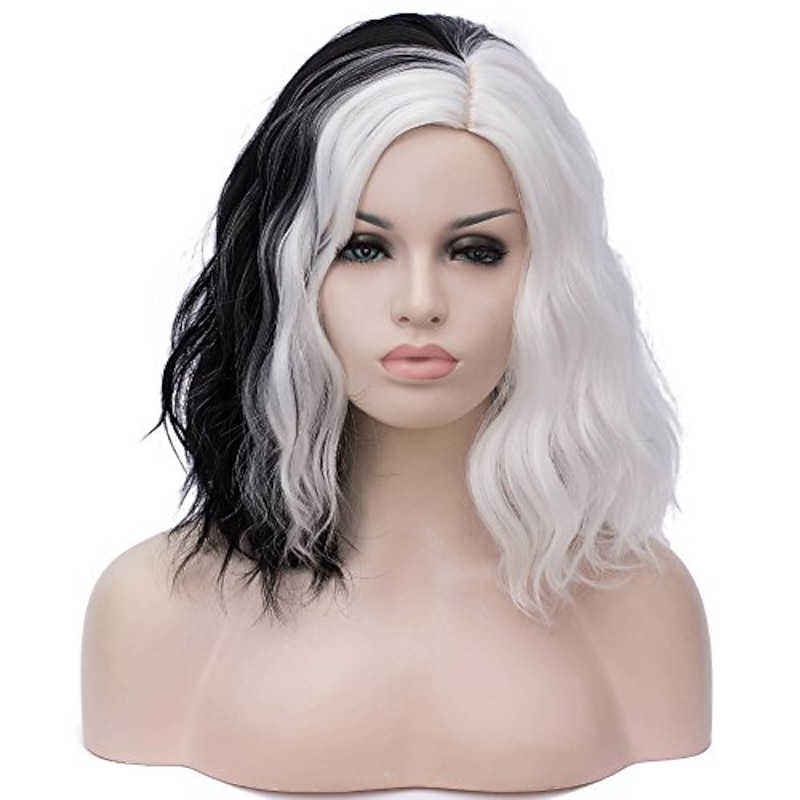 Half White and Half Black Wigs Cruella Deville Wig Split Color Synthetic Hair Wig Shoulder Length Wig Halloween Wigs