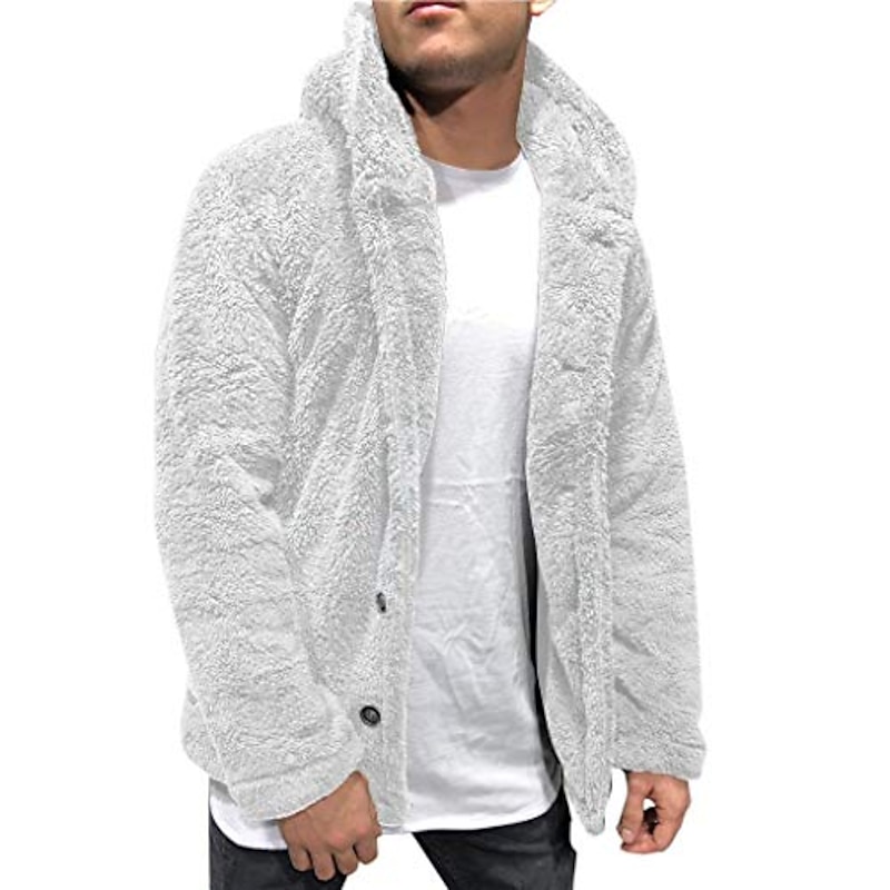 mens hooded jacket 2021 fuzzy sherpa fleece warm casual solid fashion simple open front cardigan winter coat plus size winter loose big and tall outwear - Main Image