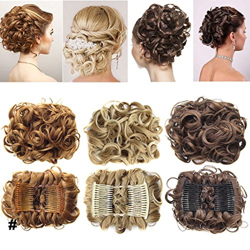 Short Messy Curly Dish Hair Bun Extension Easy Stretch Hair Combs Clip In Chignon Tray Ponytail Hairpieces - Dark Brown To Light Auburn
