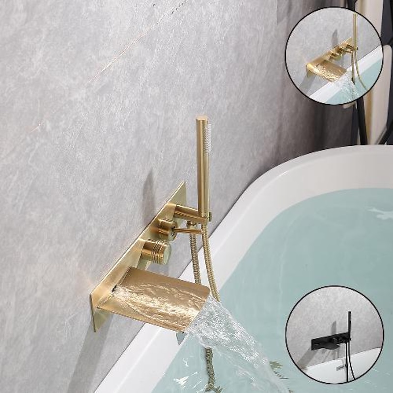 Bathtub Faucet,Brass Brushed Gold/Black Wall Installation Waterfall Included Handshower of Spray Type Bath Shower Mixer Taps with Hot and Cold Water2