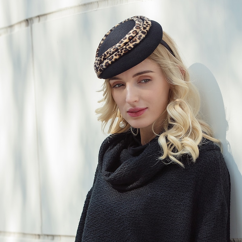 Hats Wool Beret Hat Bucket Hat Wedding Daily Wear Valentine's Day Valentine Cocktail Headwear Elegant With Leopard Print Headpiece Headwear2