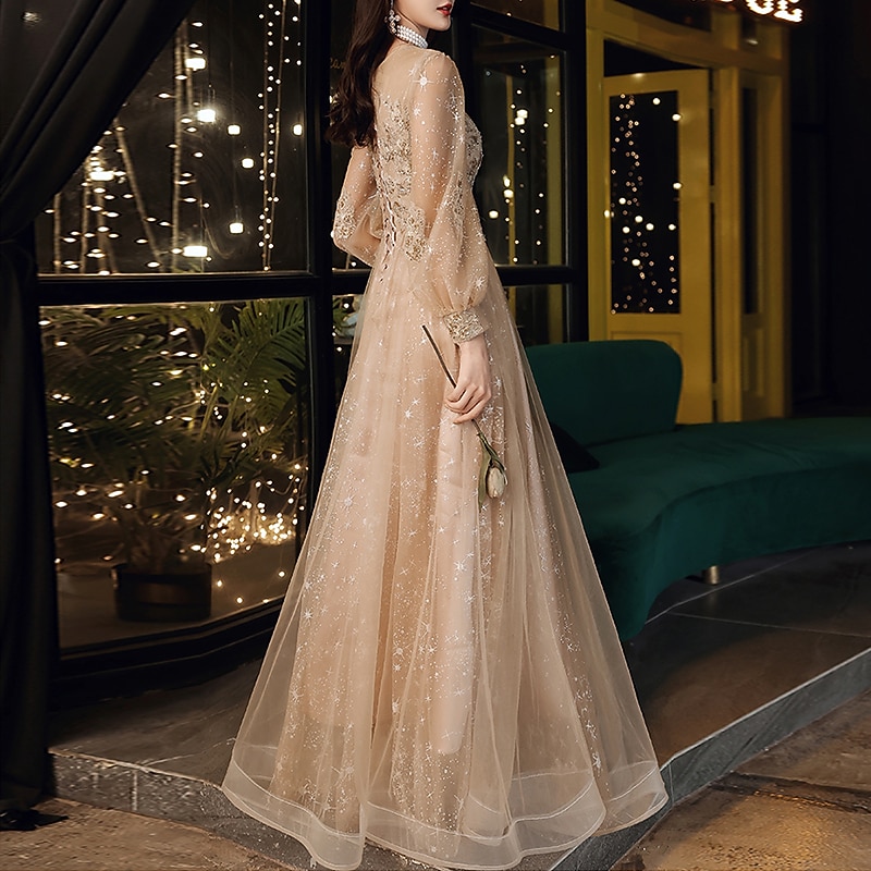 A-Line Prom Dresses Cute Dress Wedding Guest Party Wear Floor Length Long Sleeve Jewel Neck Tulle with Sequin Appliques4