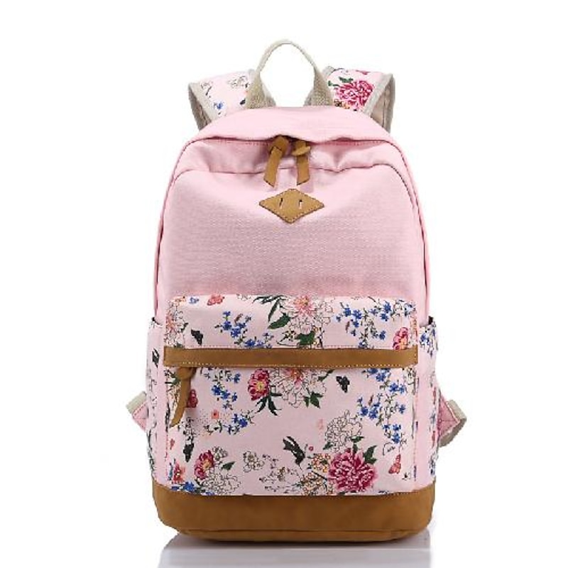 Women's Backpack School Bag Bookbag School Daily Flower Canvas Large Capacity Zipper Black Pink Red3