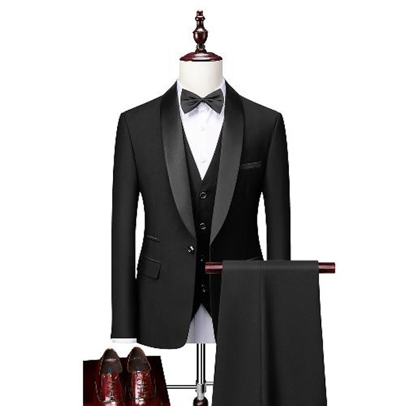 Men's Wedding Party Tuxedos Party Dark Grey Black Solid Colored Standard Fit 3 Piece Single Breasted One-button