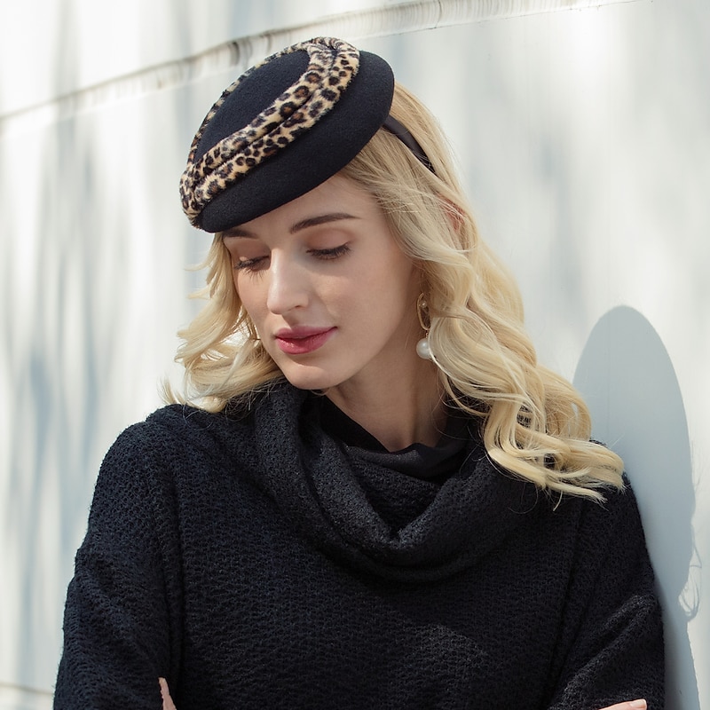 Hats Wool Beret Hat Bucket Hat Wedding Daily Wear Valentine's Day Valentine Cocktail Headwear Elegant With Leopard Print Headpiece Headwear4