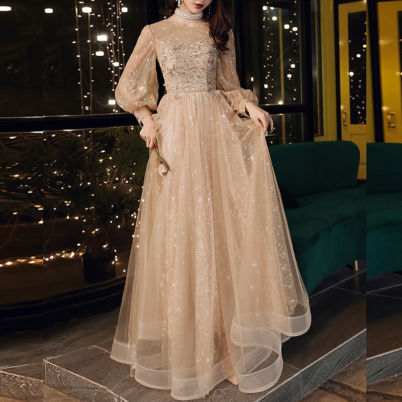 A-Line Prom Dresses Cute Dress Wedding Guest Party Wear Floor Length Long Sleeve Jewel Neck Tulle with Sequin Appliques3