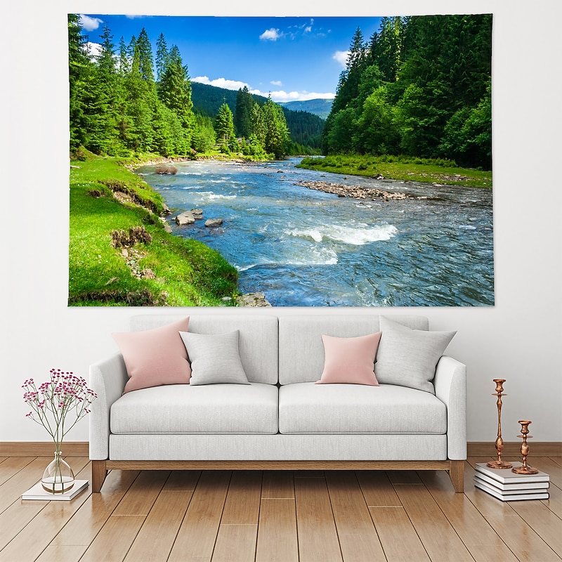 Large Wall Tapestry Art Decor Blanket Curtain Hanging Home Bedroom Living Room Decoration Hillside Green Trees Green Grass River Polyester4