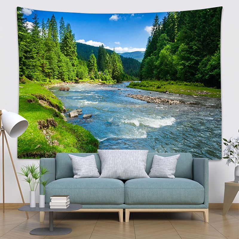 Large Wall Tapestry Art Decor Blanket Curtain Hanging Home Bedroom Living Room Decoration Hillside Green Trees Green Grass River Polyester2