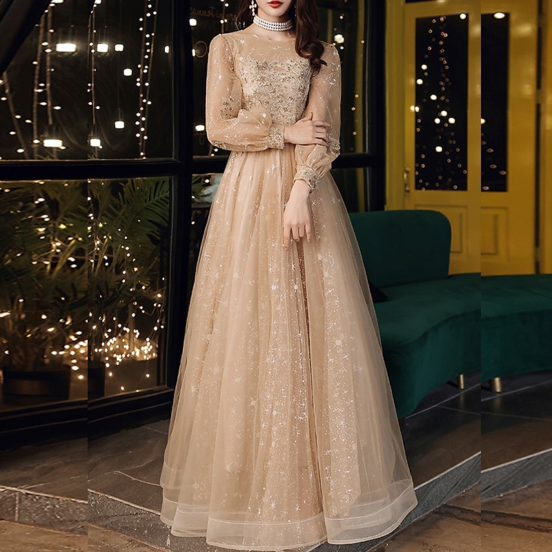 A-Line Prom Dresses Cute Dress Wedding Guest Party Wear Floor Length Long Sleeve Jewel Neck Tulle with Sequin Appliques