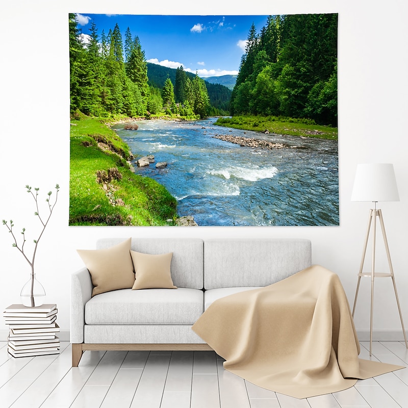 Large Wall Tapestry Art Decor Blanket Curtain Hanging Home Bedroom Living Room Decoration Hillside Green Trees Green Grass River Polyester3